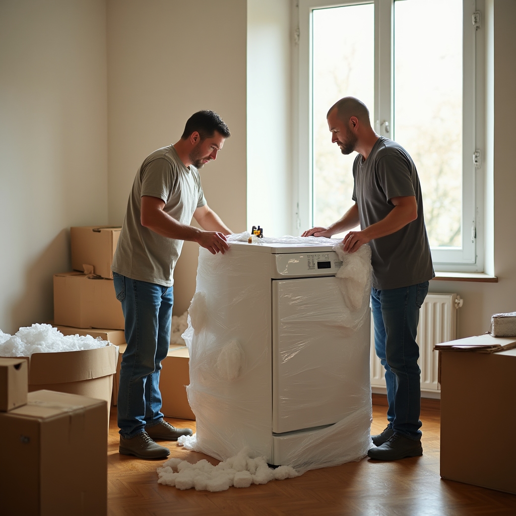 Tehnicieni care despachetează un aparat electrocasnic din ambalaj