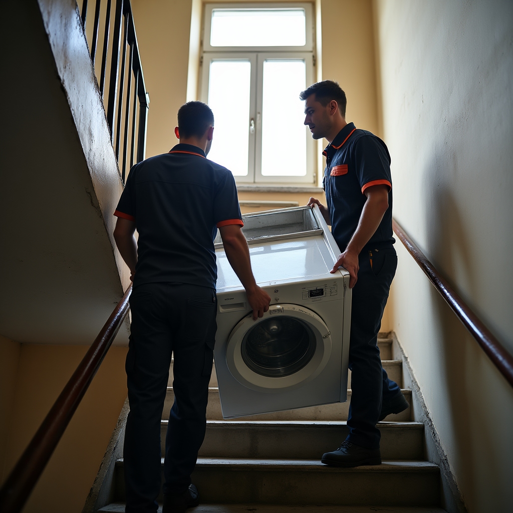 Doi tehnicieni care transportă o mașină de spălat pe scări de bloc