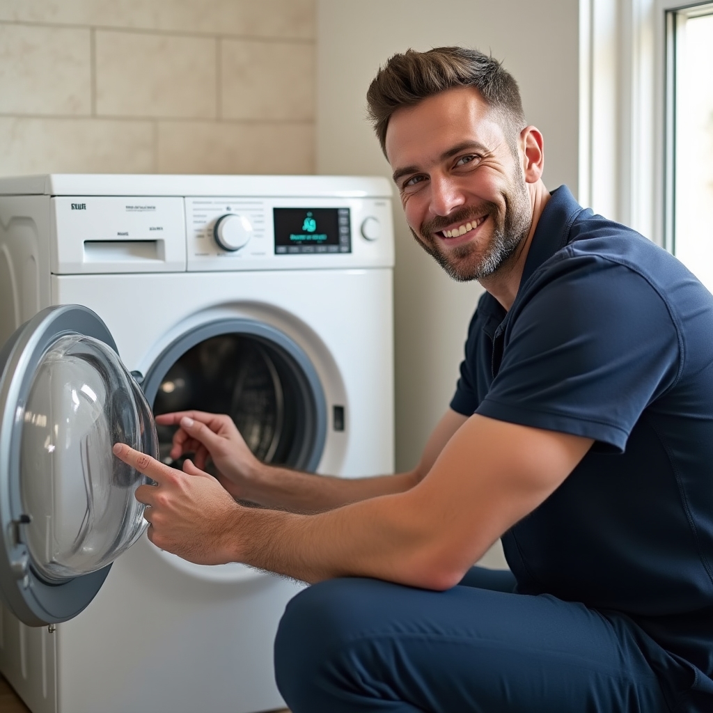 Tehnician care testează o mașină de spălat proaspăt montată